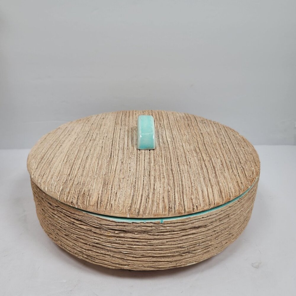 VTG Ruf Ware Bonita Creations Beverly Hills Wood & Aqua Ceramic Bowl Modern MCM - Picture 4 of 8